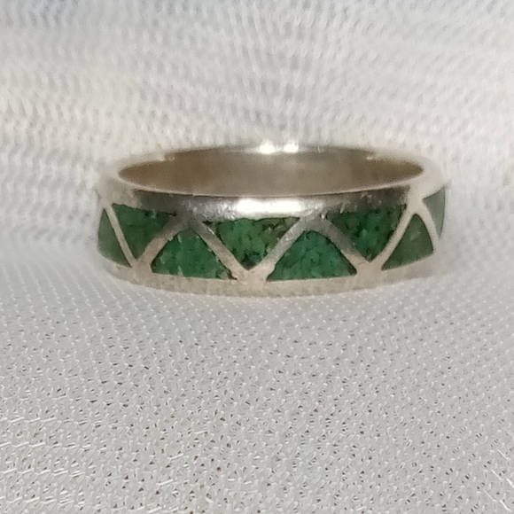 Malachite Gemstone Inlay Sterling Silver Unisex Band Sz 11 - Picture 6 of 10